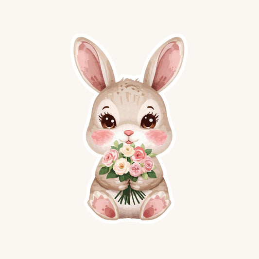 Bunny Bouquet Spring Flowers | Cottagecore | White Vinyl | Die-Cut Sticker