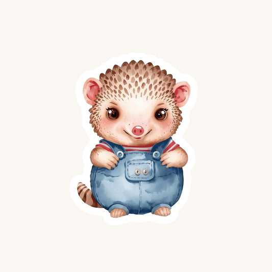 Pangolin in Overalls Whimsical | Cute Animal | White Gloss Vinyl | Die-Cut Sticker