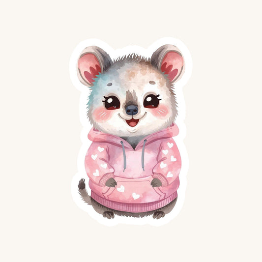 Quokka in Hoodie Pink Hearts | Kawaii | White Gloss Vinyl | Die-Cut Sticker