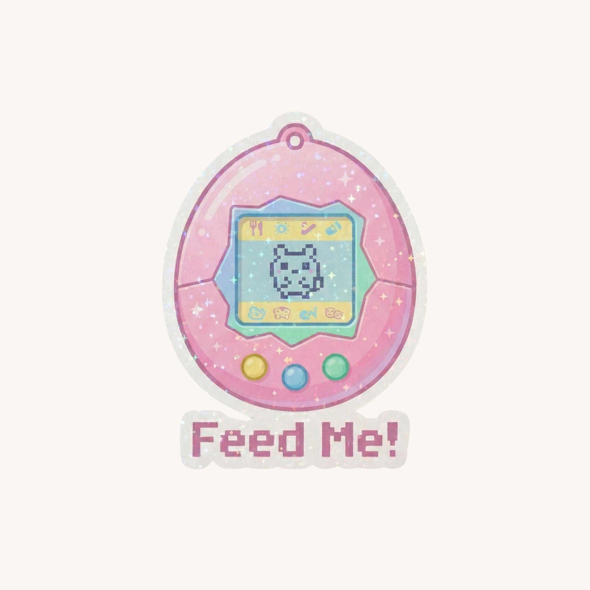Feed Me Virtual Pet | 90s Retro Gaming | Glitter Vinyl | Die-Cut Sticker