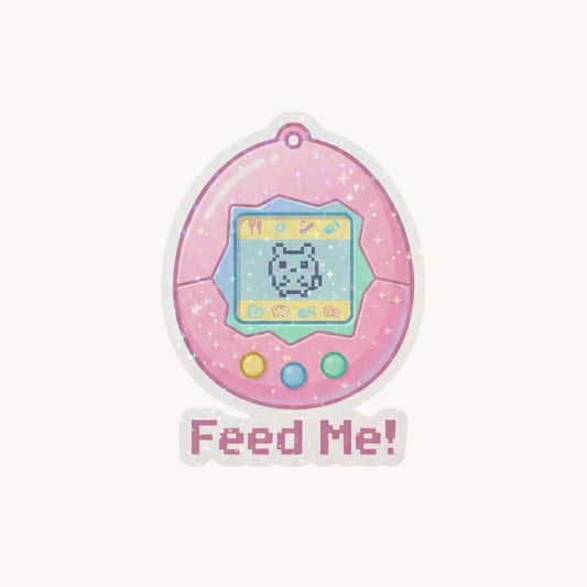 Feed Me Virtual Pet | 90s Retro Gaming | Glitter Vinyl | Die-Cut Sticker