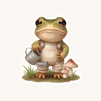 Gardening Frog Overalls & Can | Cottagecore | White Vinyl | Die-Cut Sticker