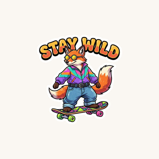 Stay Wild Skater Fox | 90s Retro | White Vinyl | Die-Cut Sticker