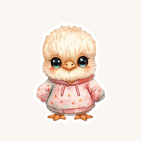 Cassowary Chick Star Hoodie | Kawaii | White Gloss Vinyl | Die-Cut Sticker