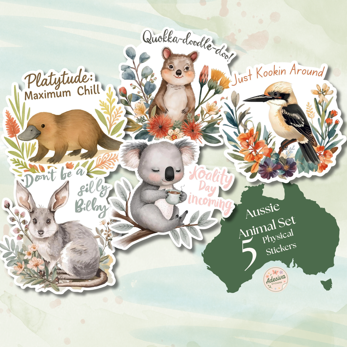 Australian Animals Sticker 5-Pack | Vinyl Decal Bundle | Adesiva
