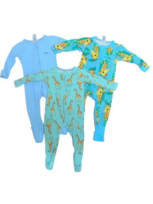 Bonds | Bundle of 3 Baby Wondersuits | Giraffe & Blue | Long Sleeve | Size 0 6-12M | Pre-Owned