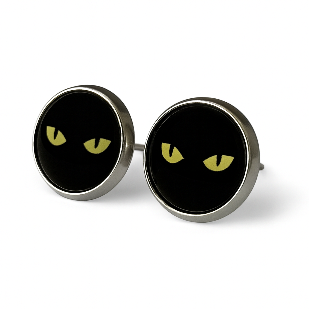 Black Cat Eyes Glass Cabochon Stud Earrings (12mm) – Stainless Steel