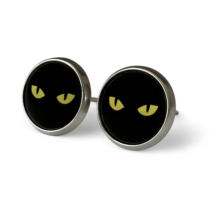 Black Cat Eyes Glass Cabochon Stud Earrings (12mm) – Stainless Steel