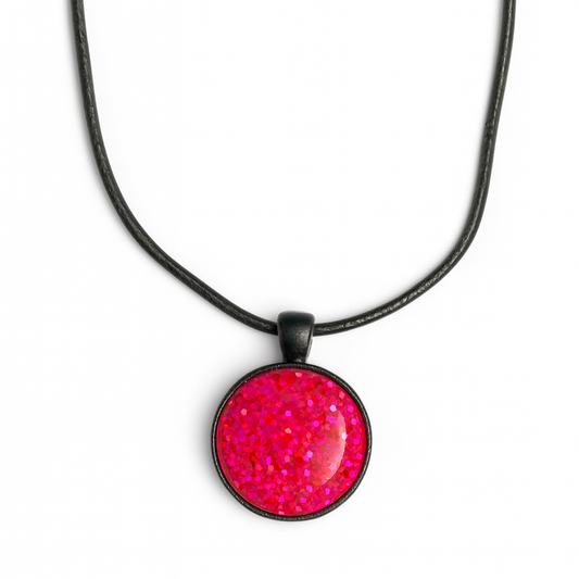 Hot Pink Glitter Resin Dome Necklace – 25mm Pendant on Black Rope Chain