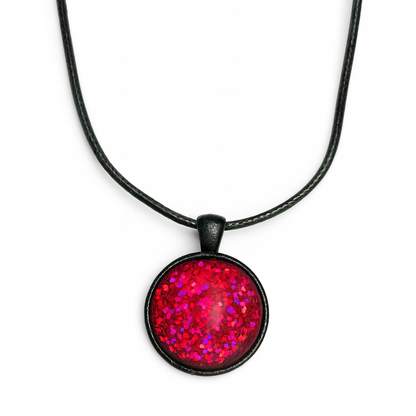 Hot Pink Glitter Resin Dome Necklace – 25mm Pendant on Black Rope Chain
