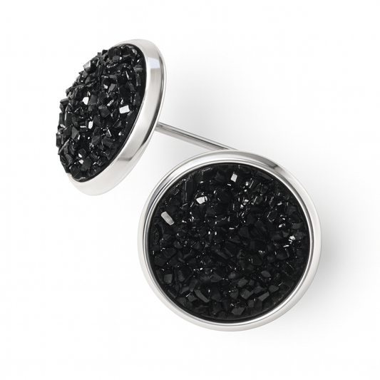Black 3D Resin Stud Earrings – 13mm Handmade on Rhodium Plated Base