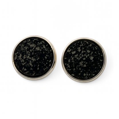Black 3D Resin Stud Earrings – 13mm Handmade on Rhodium Plated Base