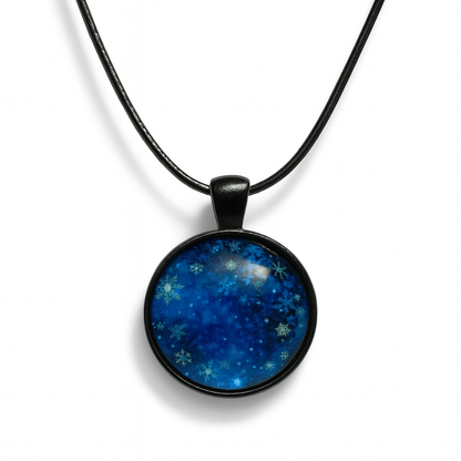 Snowflake Glass Dome Necklace – 25mm Pendant on Black or Silver Base Rope Chain Black