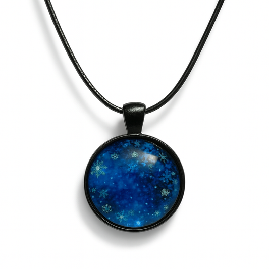 Snowflake Glass Dome Necklace – 25mm Pendant on Black or Silver Base Rope Chain Black