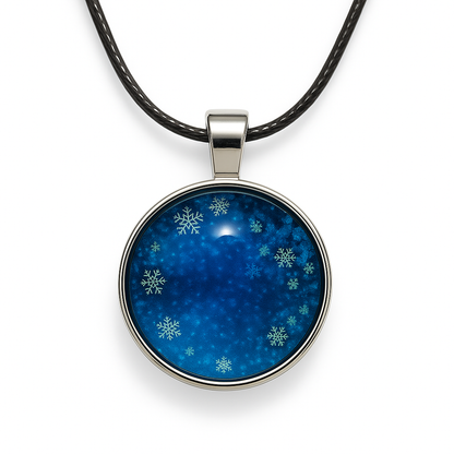 Snowflake Glass Dome Necklace – 25mm Pendant on Black or Silver Base Rope Chain Silver