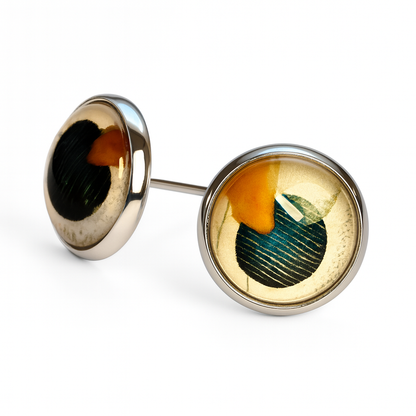 Geometric Glass Cabochon Stud Earrings 12mm | Colourful Artwork Design Silver Plated Style 9