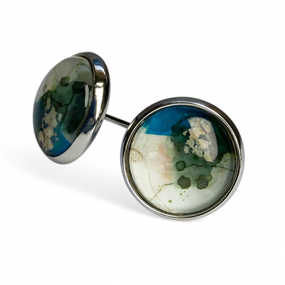 Geometric Glass Cabochon Stud Earrings 12mm | Colourful Artwork Design Silver Plated Style 4