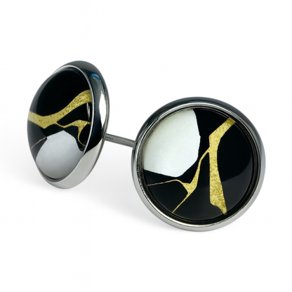 Geometric Glass Cabochon Stud Earrings 12mm | Colourful Artwork Design Silver Plated Style 10