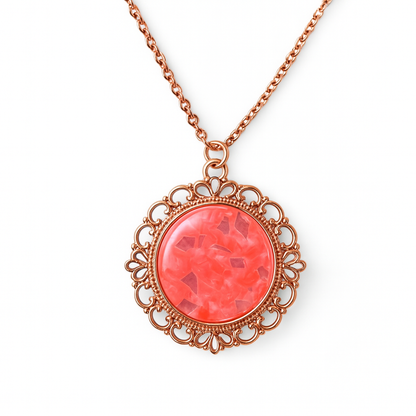 Coral Pink Glitter Dome Pendant Necklace – Rose Gold Filigree with Chain