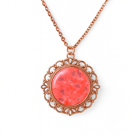 Coral Pink Glitter Dome Pendant Necklace – Rose Gold Filigree with Chain