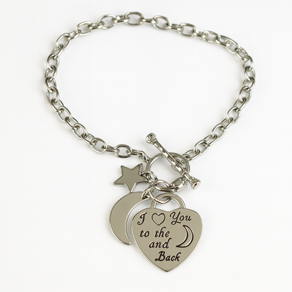 “I Love You to the Moon and Back” Silver Bracelet – Heart, Moon & Star Charms