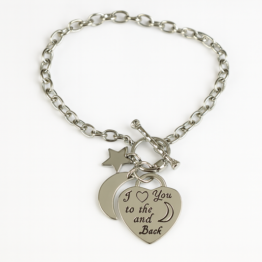 “I Love You to the Moon and Back” Silver Bracelet – Heart, Moon & Star Charms