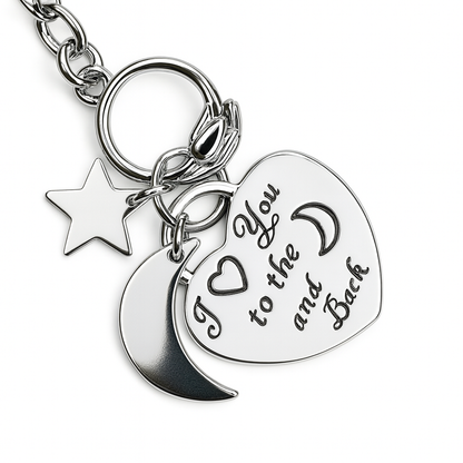 “I Love You to the Moon and Back” Silver Bracelet – Heart, Moon & Star Charms