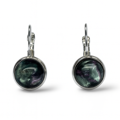 Handmade Iridescent Resin Drop Earrings – Cosmic Black with Green & Silver Shimmer