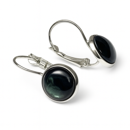 Handmade Iridescent Resin Drop Earrings – Cosmic Black with Green & Silver Shimmer