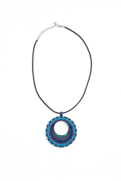 Boho Wooden Pendant Necklace – Printed Design with Black Nylon Chain