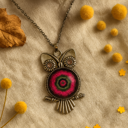 Owl Necklace – Antique Silver Rhodium Plated Pendant with Glass Dome & Rhinestone Eyes