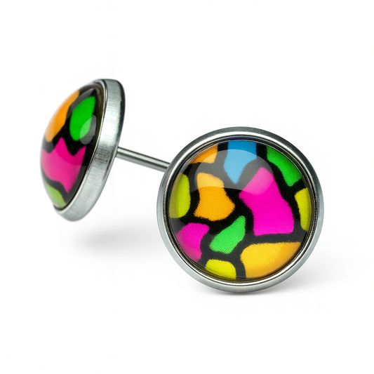 Colourful Stained Glass Style Stud Earrings – Vibrant Rainbow Pattern, Stainless Steel