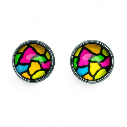 Colourful Stained Glass Style Stud Earrings – Vibrant Rainbow Pattern, Stainless Steel