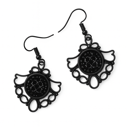 Black Filigree Dangle Earrings – Sparkly Centre, Lightweight Drop