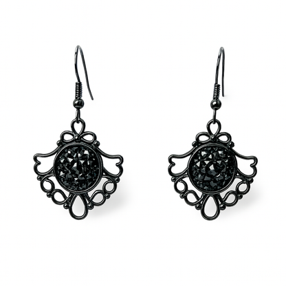 Black Filigree Dangle Earrings – Sparkly Centre, Lightweight Drop
