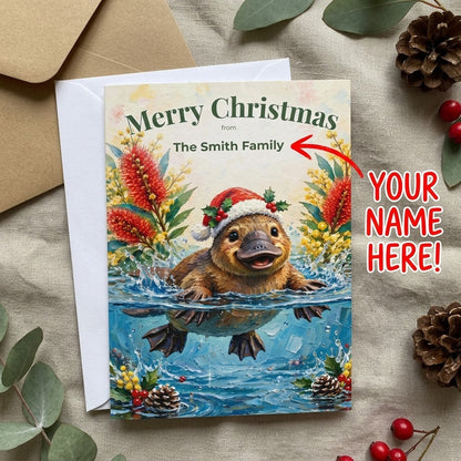 Personalised Christmas Cards Pack of 10 with Envelopes, Custom Family Name Platypus Christmas Card, Australian Animals Xmas Card Set