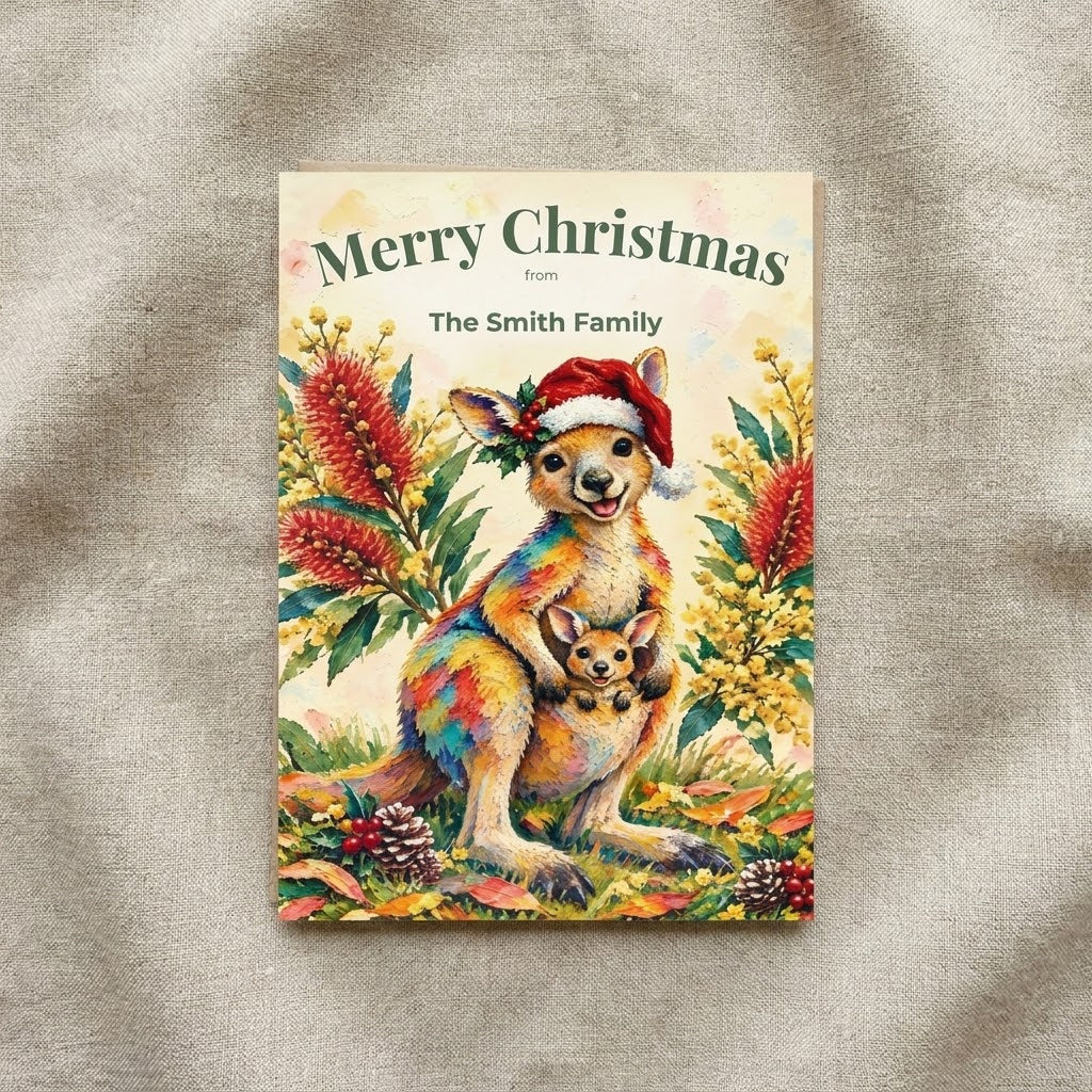 Personalised Christmas Postcards Pack of 10 with Envelopes, Custom Name Kangaroo Christmas Postcard, Australian Animals (US and CA)