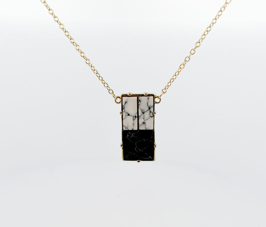 Black & White Vein Marble Geometric Square Rectangle Gold Necklace