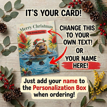 Personalised Christmas Cards Pack of 10 with Envelopes, Custom Family Name Platypus Christmas Card, Australian Animals Xmas (US and CA)