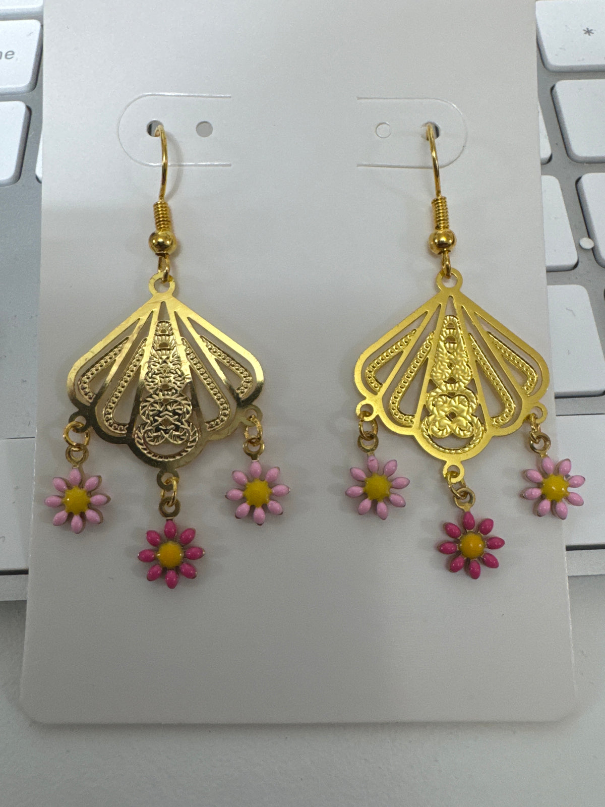 Gold Laser Cut Flower Dangle Earrings