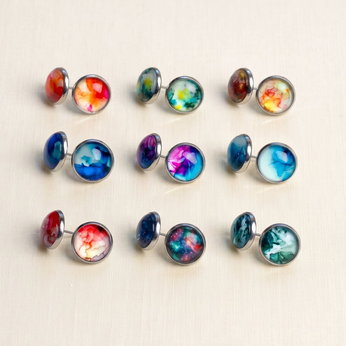 Watercolour Stud Earrings | Colourful Glass Dome Studs | 12mm