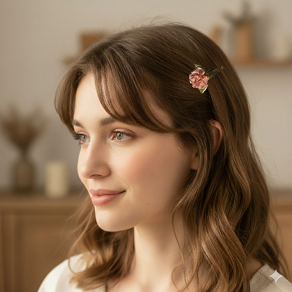Flower Hair Clips Set of 2 | 25mm Ribbon Rose on Gold or Silver Snap Clips
