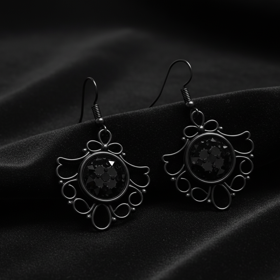 Black Filigree Dangle Earrings – Sparkly Centre, Lightweight Drop
