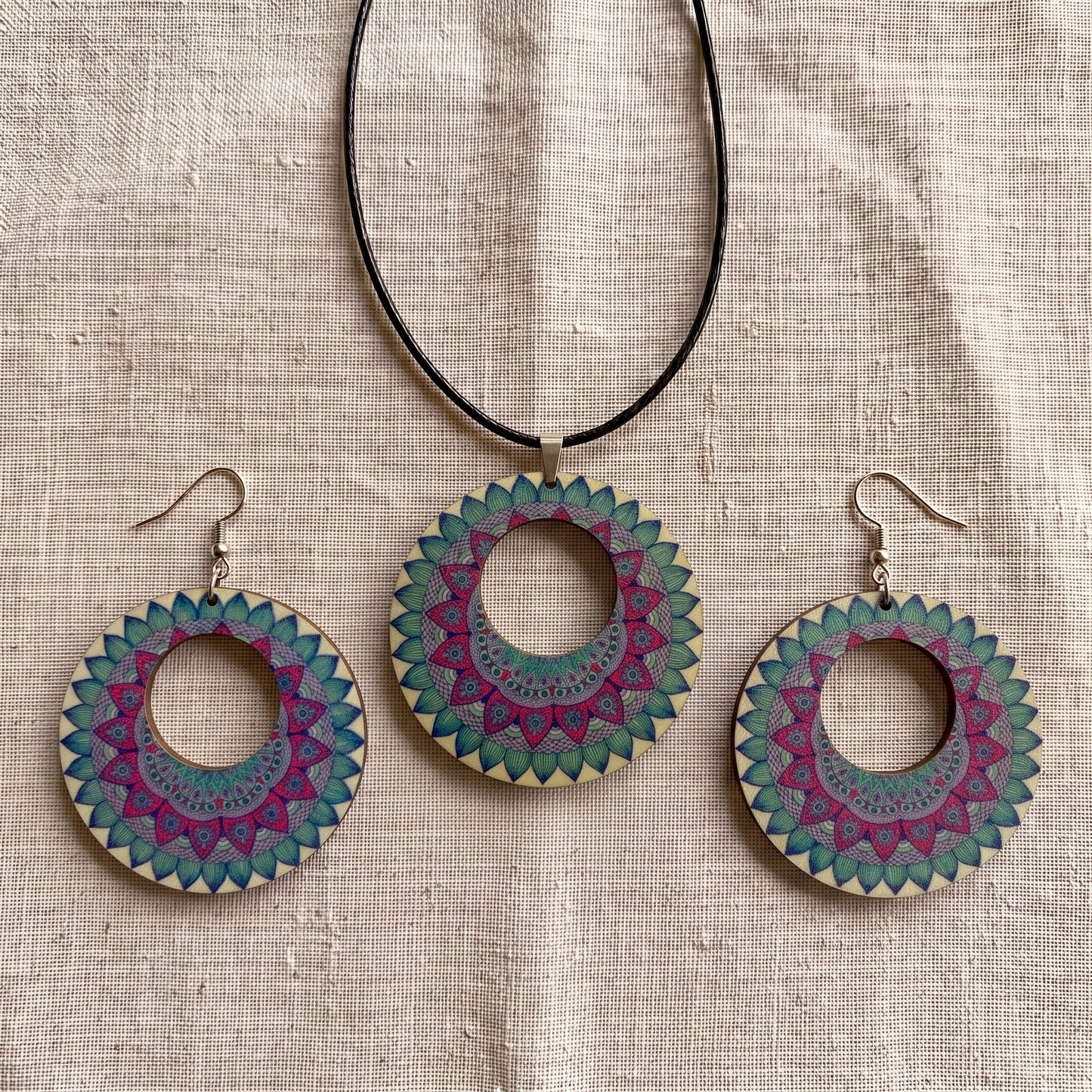 Boho Wooden Necklace & Earrings Set – Style 7, Handmade Matching Printed Wood Jewellery