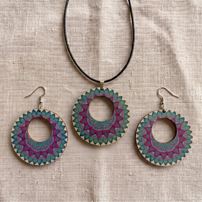 Boho Wooden Necklace & Earrings Set – Style 7, Handmade Matching Printed Wood Jewellery