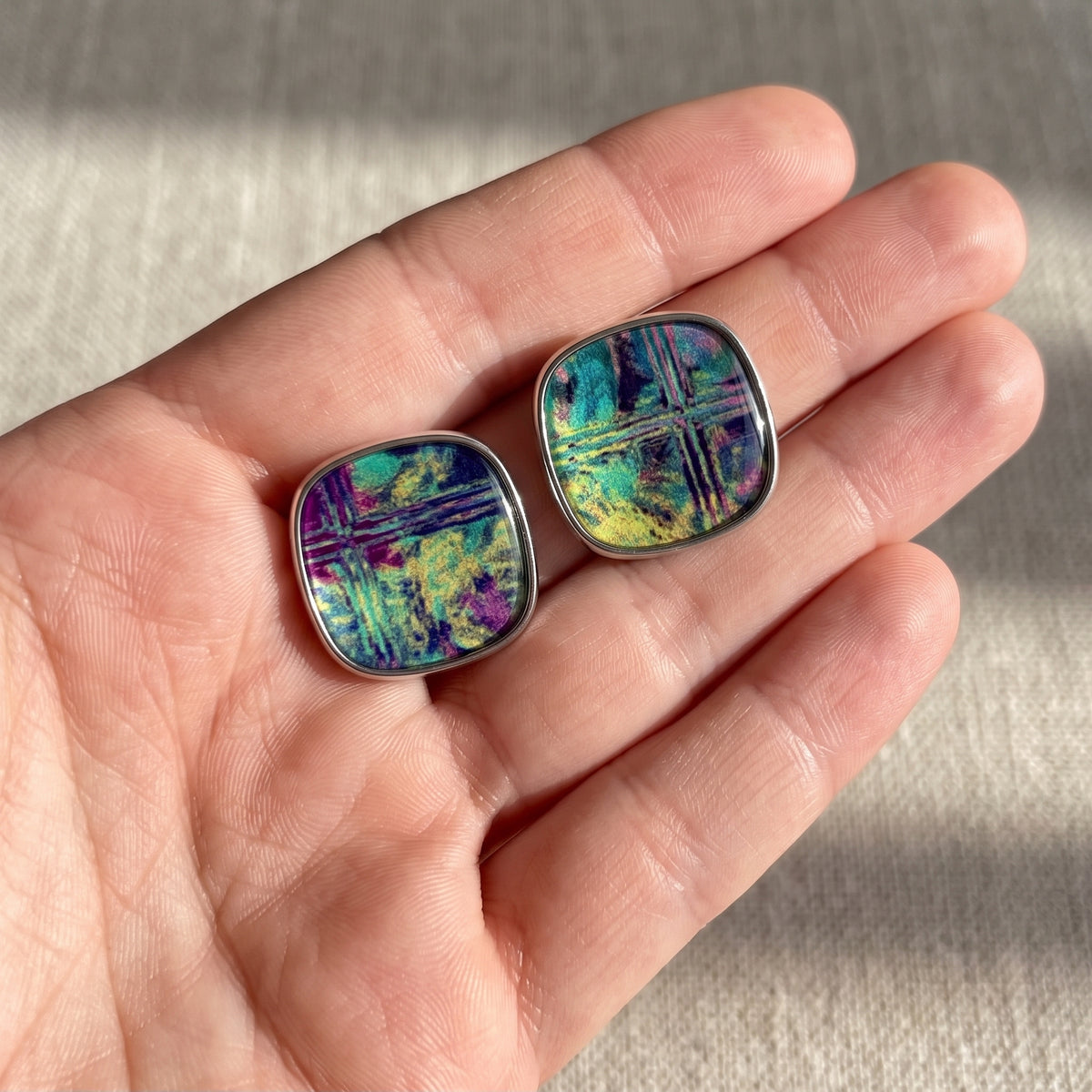 Colourful Printed Square Stud Earrings | Bold Statement Studs | 23mm