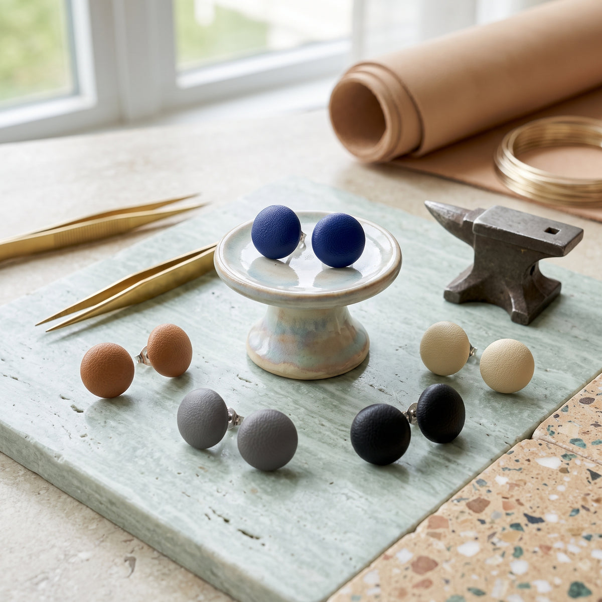 Leather Button Stud Earrings | Round PU Leather Studs | 14mm | 5 Colours