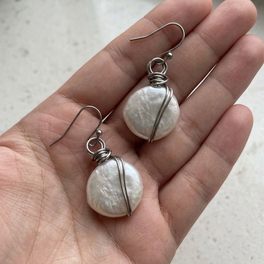 Wire-Wrapped Coin Pearl Drop Earrings – Natural Freshwater Pearl, Handmade