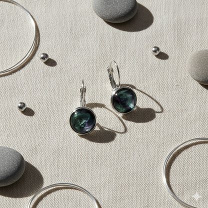 Handmade Iridescent Resin Drop Earrings – Cosmic Black with Green & Silver Shimmer