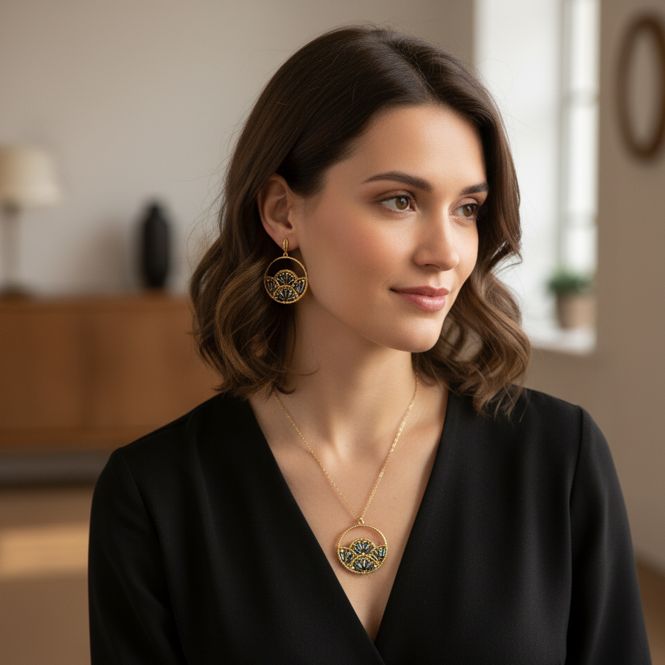 Woven Fan Drop Earrings & Necklace Set styled shot